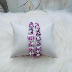 Chinese-Style Ceramic Floral Beaded Stretch Bracelet Pink floral Duo with Heart